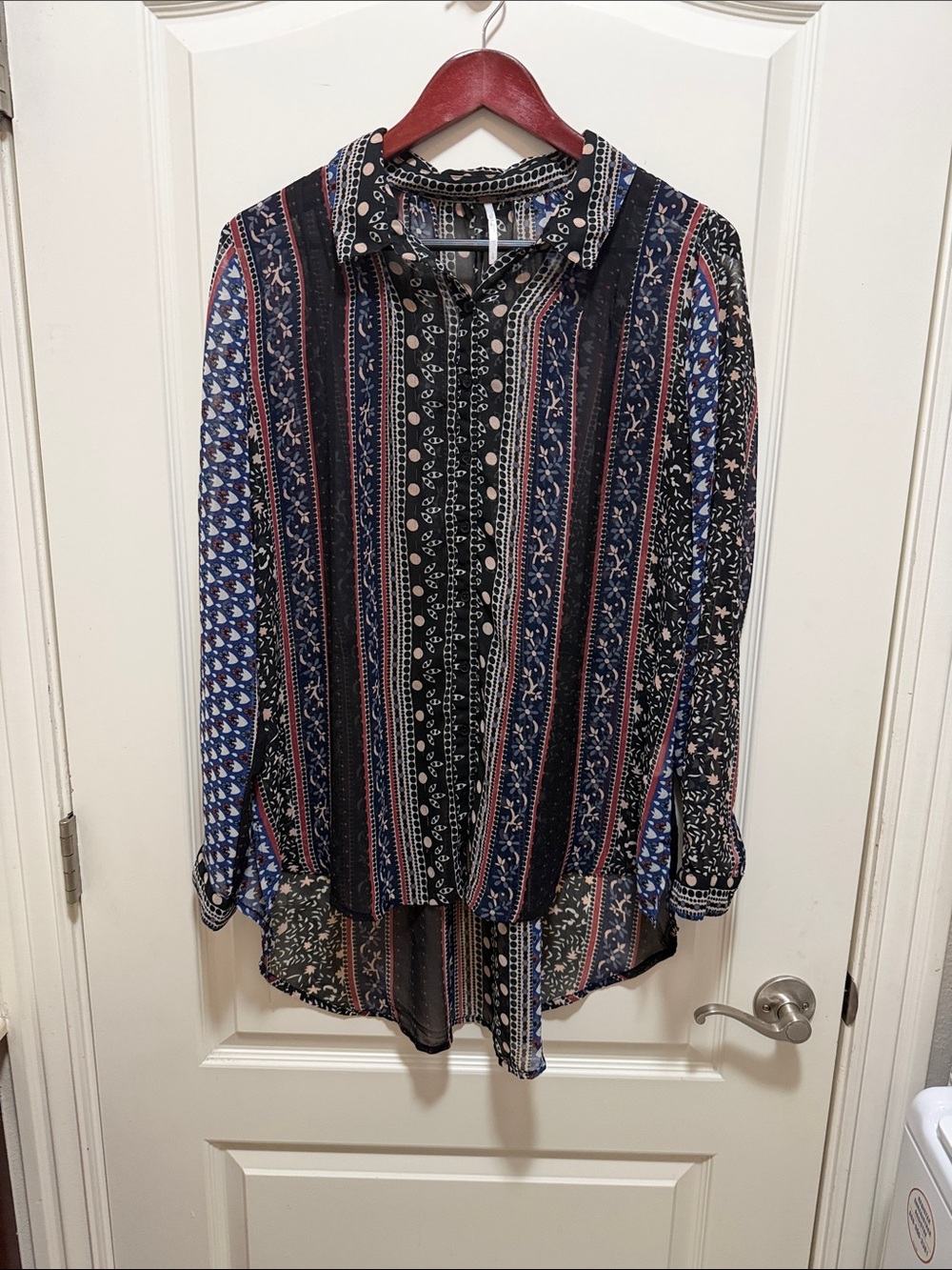Free People Navy Black Multi-Stripe Printed Blouse